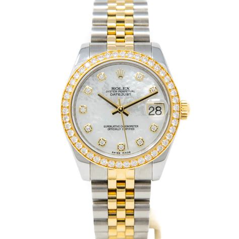 used ladies rolex with diamond bezel|rolex mother of pearl face.